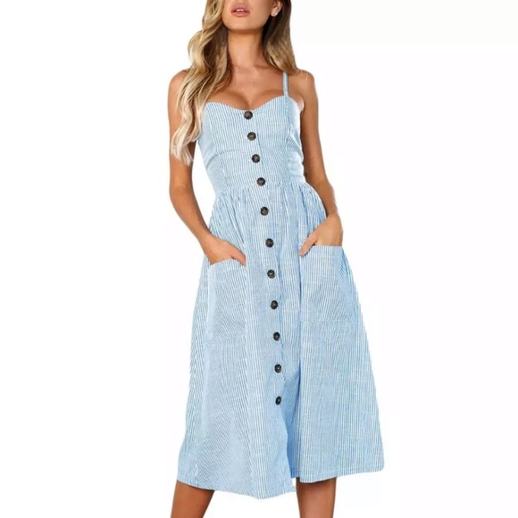 LAST ONE! Blue Striped Button Up Dress - Picture 5 of 6